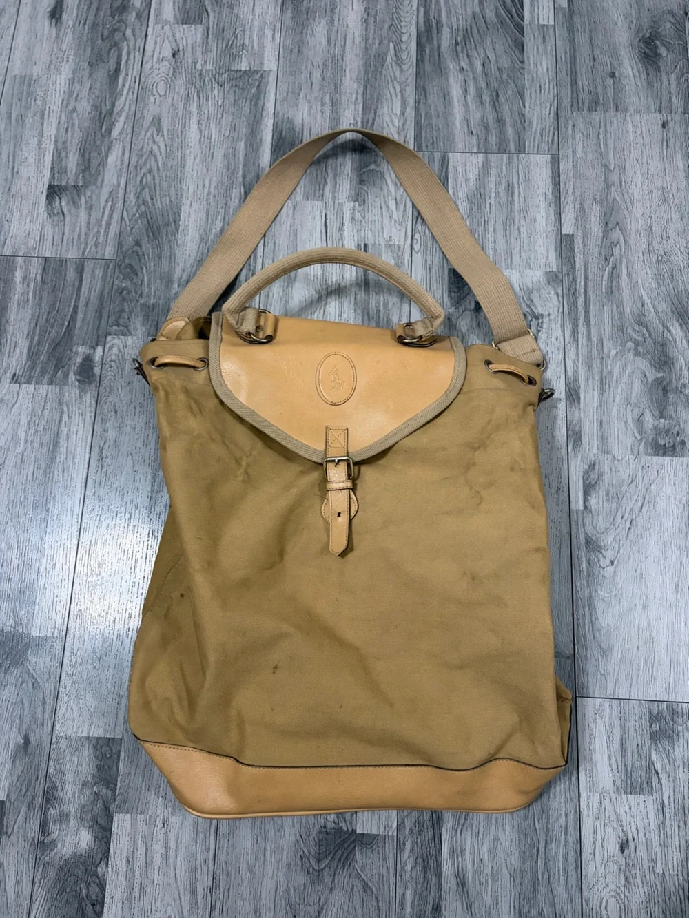 Polo by Ralph Lauren Tan Canvas Tote with Leather Flap and Trim